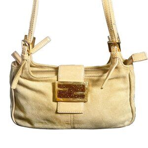 Authentic FENDI Mamma Zucca Baguette Pouch Tan Beige Flap Bag Purse Shoulder